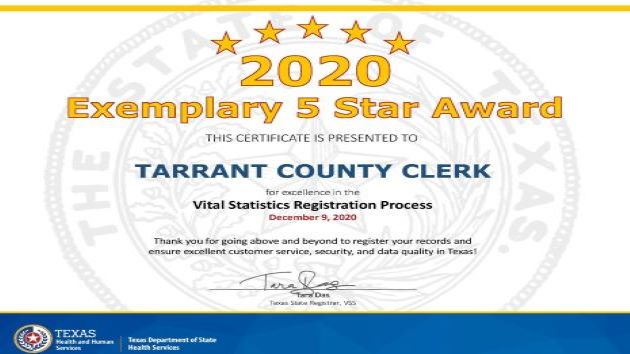 Image of the 2020 Five Star Award certificate