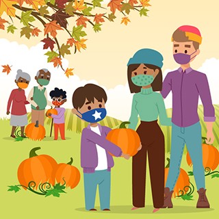 graphic cartoon- family wearing protective masks visiting pumpkin patch
