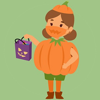 girl in pumpkin costume wearing protective pumpkin-themed mask