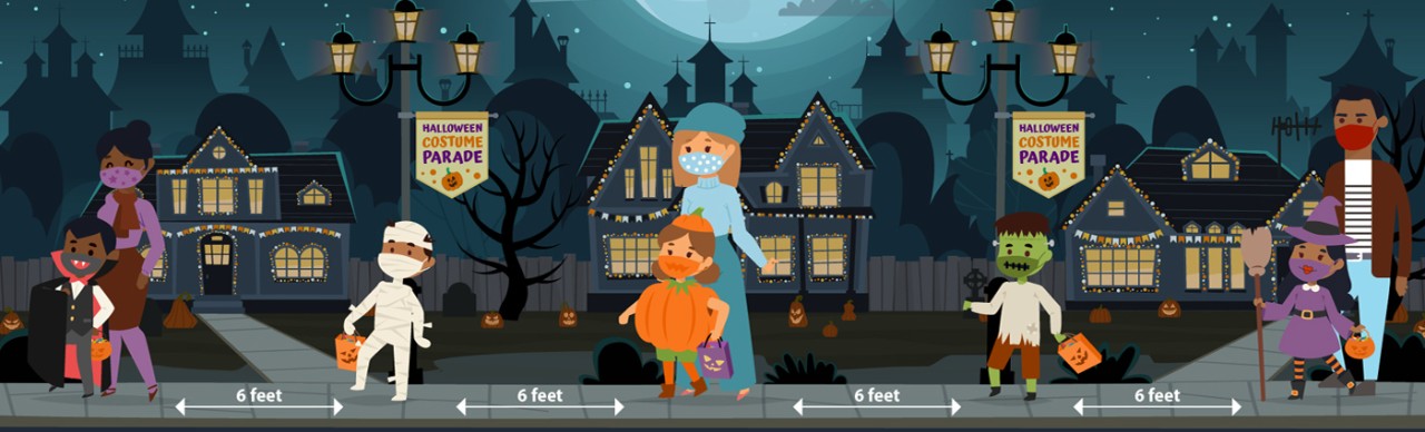 graphic cartoon of people trick-or-treating, maintaining 6 feet between each other