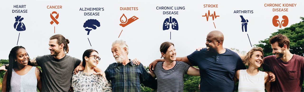 group of diverse people, arm in arm, with graphics symbolizing chronic diseases above each individual