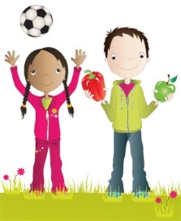 Girl with soccer ball, boy with produce